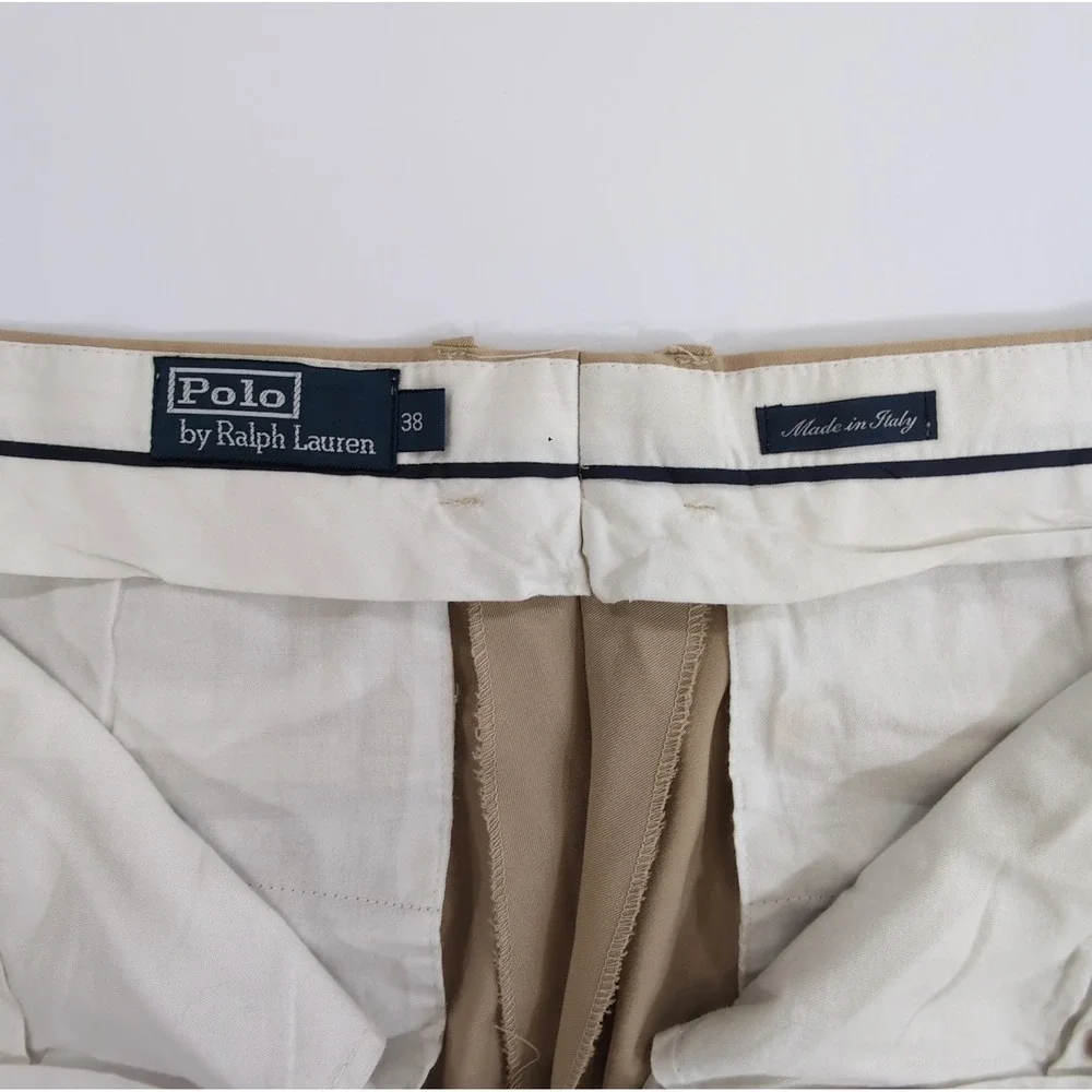 Vintage Polo Ralph Lauren Mens 38 Khaki Chinos Pants Made in Italy Cuffed Cotton